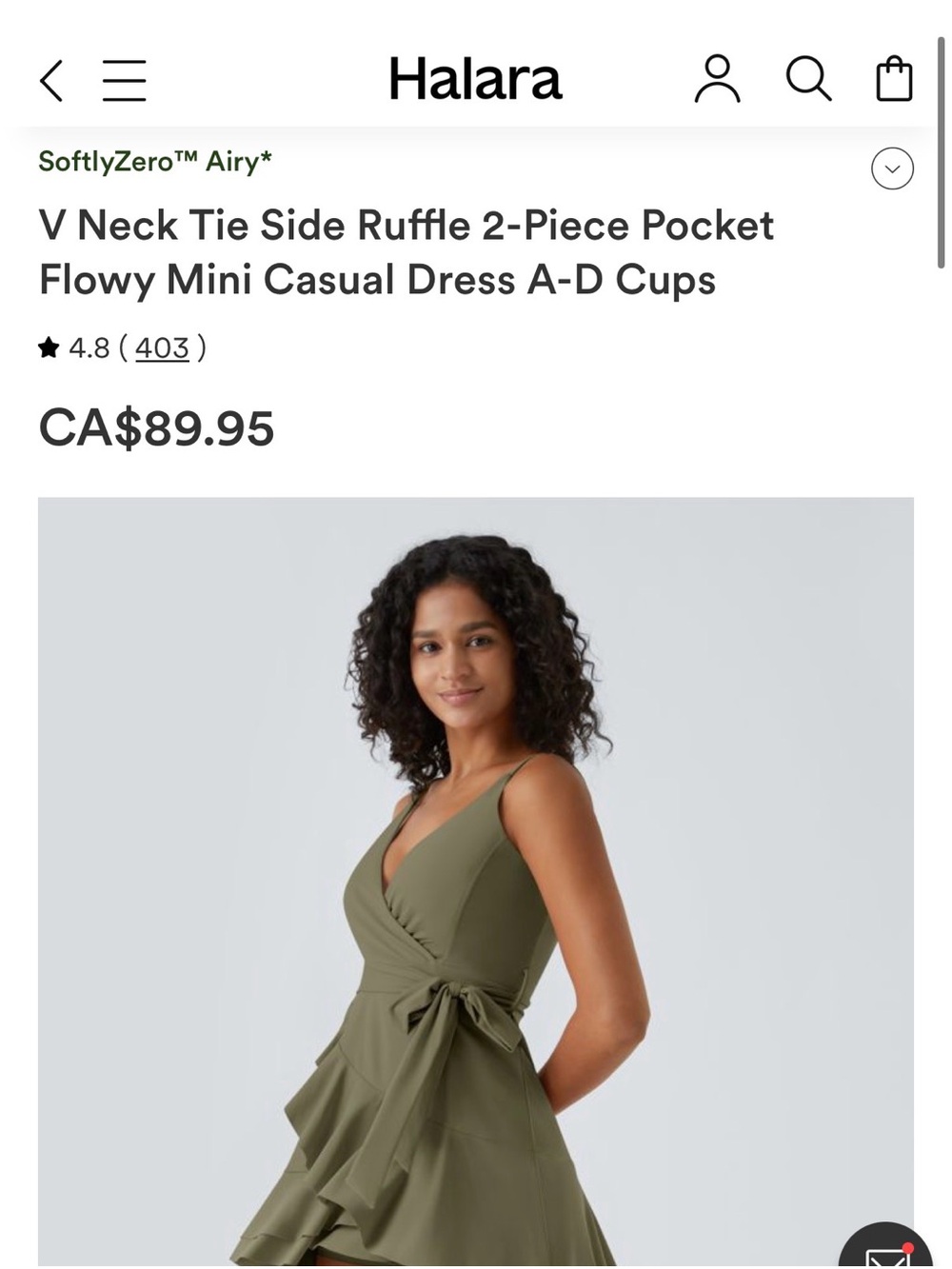 Halara V Neck Tie Side Ruffle 2-Piece Pocket Flowy Mini Casual Dress.